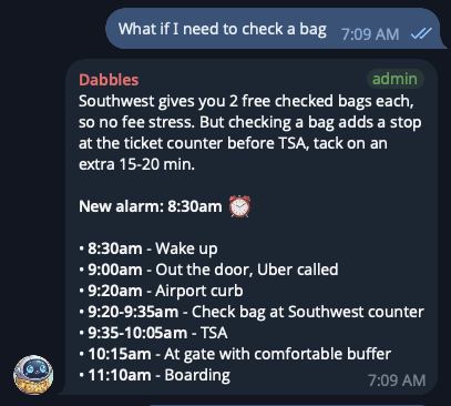 Telegram exchange with Dabbles planning a travel morning