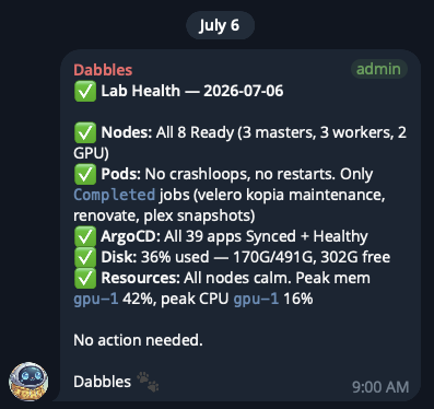 Dabbles nightly lab health report in Telegram