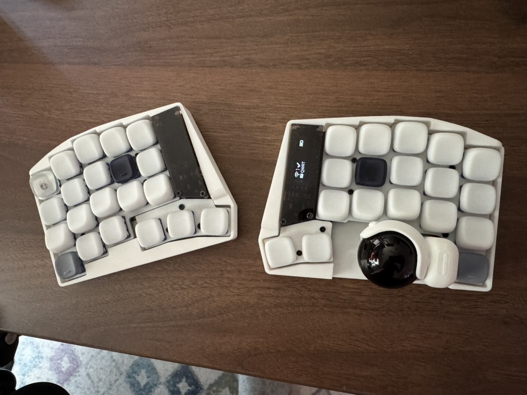 Keyball39 split keyboard, white, with integrated trackball