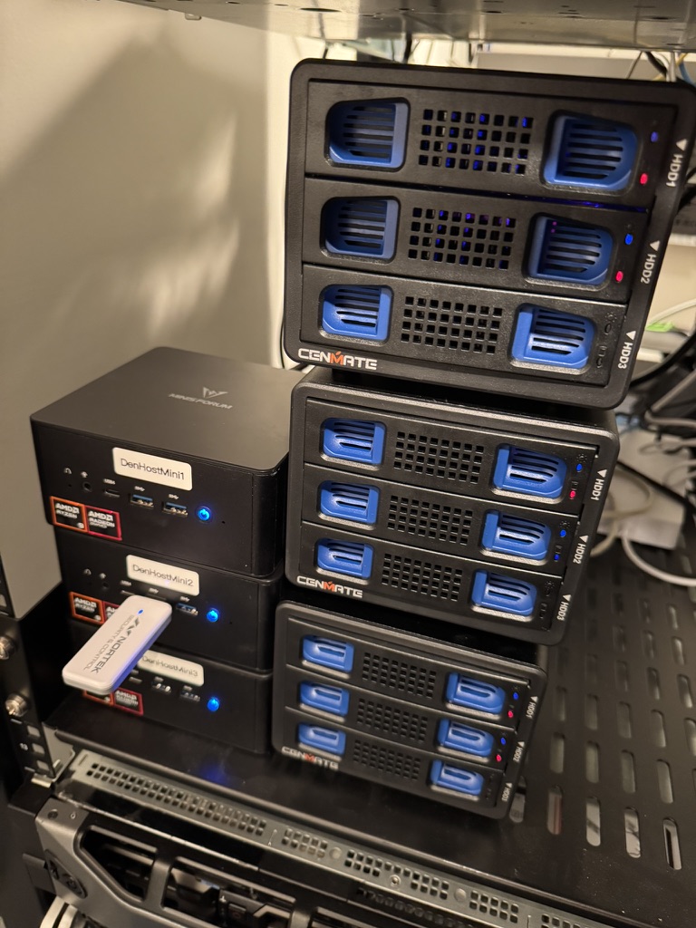 Compute stack, three AMD mini-nodes and Cenmate drive enclosures